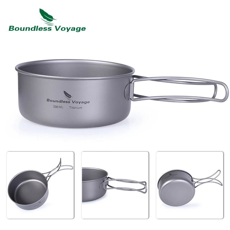 Juego de ollas de titanio Boundless Voyage con mango plegable, vajilla de cocina ultraligera para Picnic y acampada al aire libre, 1000ml + 500ml