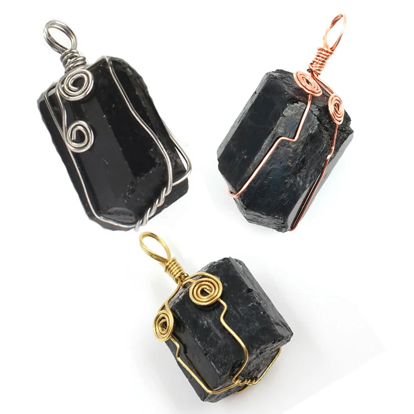 XSM Natural Black Tourmaline Irregular Pendants for Necklace Wire Winding Chakra Reiki Schorl Raw Stones Charms Amulet Jewelry