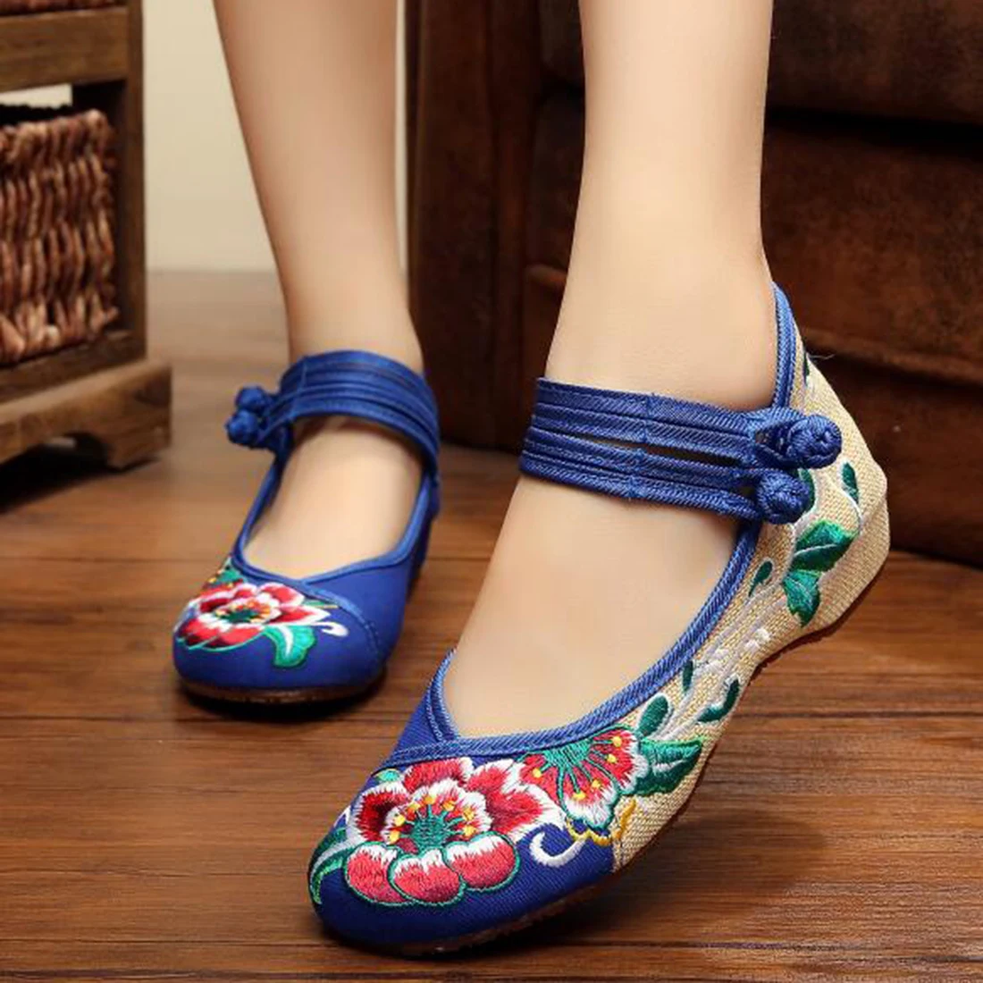 Chinese Shoes Women Embroidery Mary Jane Fabric Flats Traditional Embroidered Old Peking Flower Canvas Casual Large Size