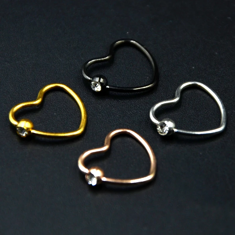 Showlove-2pcs Titanium Anodized CZ Gem Daith Heart Ear Helix Tragus Cartilage Piercing Lip Nose Rings Body Jewelry 16g