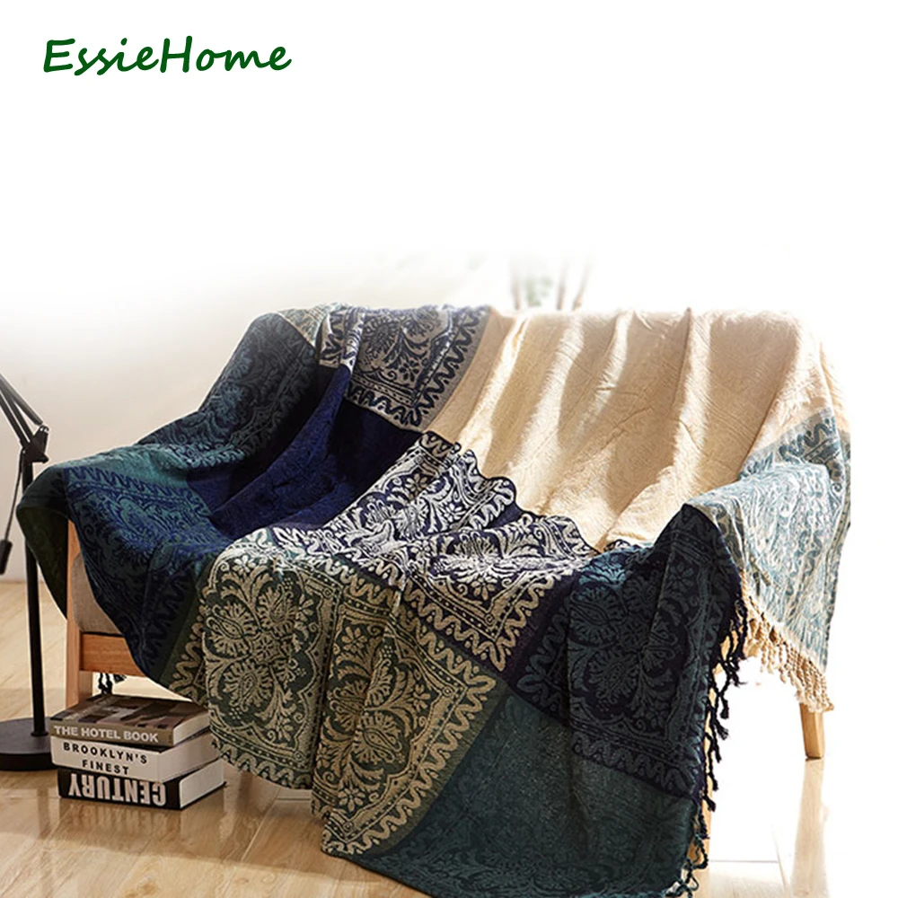 ESSIE HOME Sofa Chenille Blue Green Plaid Bohemia Tassel Blanket For Sofa Living Room Bedroom Bedspread Table Cloth Tapestry