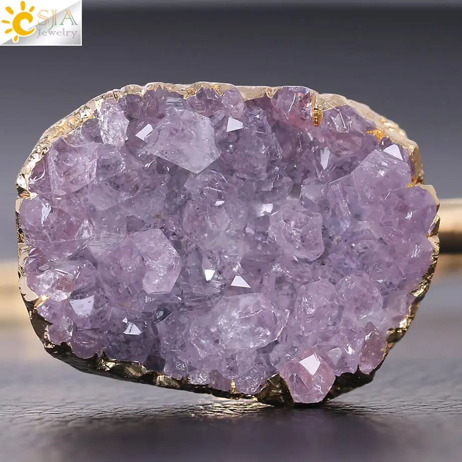 CSJA Fashion Cuff Bracelet for Women Natural Stone Purple Quartz Crystal Half Open Gold Color Bangle Any Wrist Size Jewelry F347