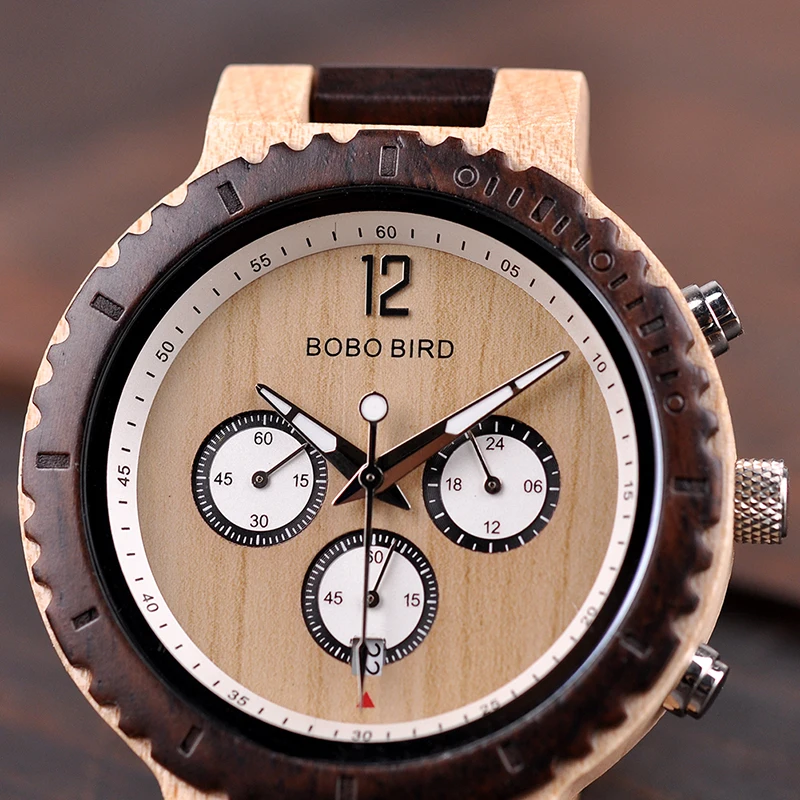 BOBO BIRD Wood Watch Men Chronograph Quartz Wristwatch Women Auto Date Relogio Feminino with Gift Box J-R08