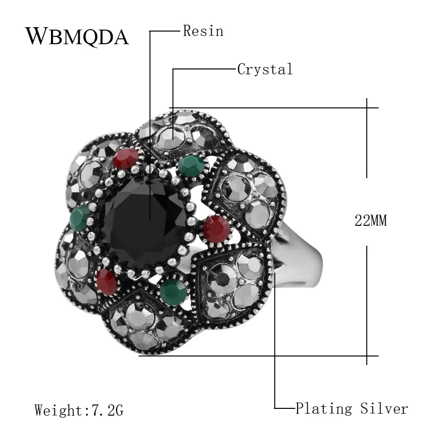 Vintage Jewelry Crystal Flower Rings For Women Silver Plated Mosaic Colorful Resin Ring Bohemian Jewelry Wholesale