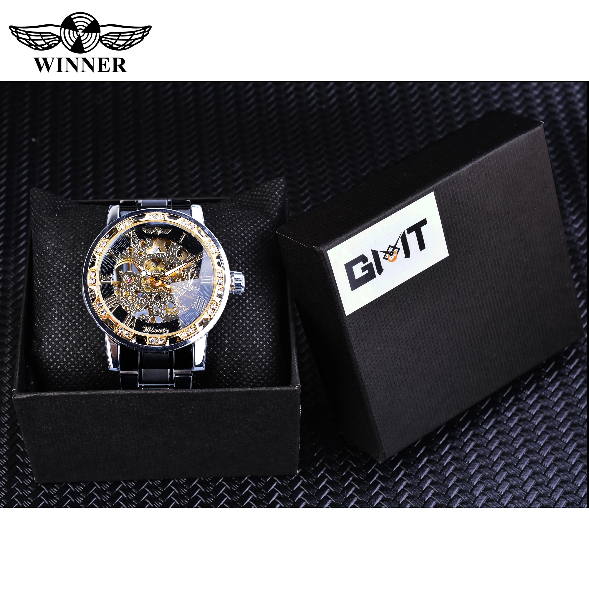 Vencedor-Homens Luxo Rhinestone Roman Black Stainless Steel Watch, Negócios Banda Mecânica, Relógio Esportes