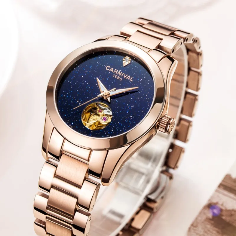 Fashion Skeleton Watch Women 2019 CARNIVAL Mechanical Watch Waterproof Calendar Sapphire Luminous Full Steel Women Watches Gold