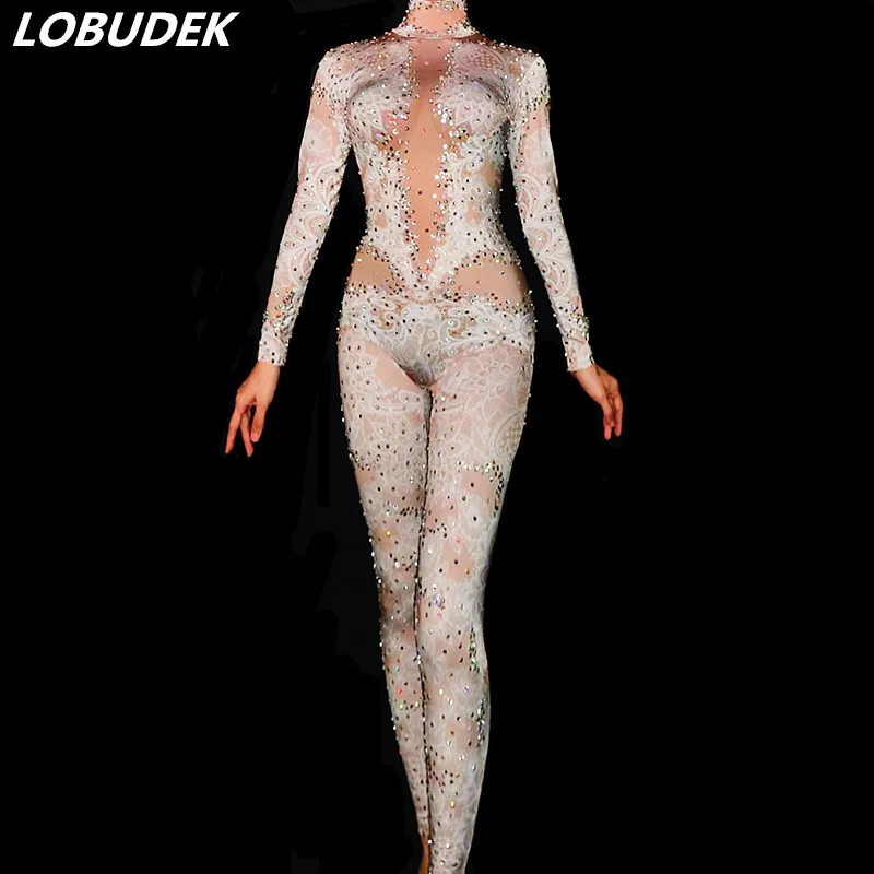 Bar Singer Printed Crystals Skinny Jumpsuit Nightclub Bar Costume Prom DJ Dancer Singer Party Pole Dance Performance Leotard