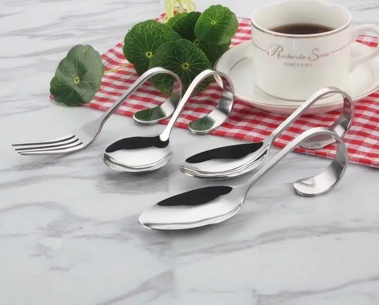 300pcs/lot Stainless Steel Curved Handle Spoon Fork Tableware Silver Tea Coffee Spoon Mixer Flatware Kitchen Accessories SN1475