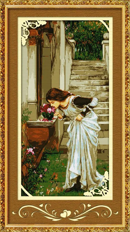 Needlework,DIY Cross stitch,full Embroidery kit set,Flower Maiden Portrait Cottage Scenic Cross-Stitch Oil paint Wall Home Decor