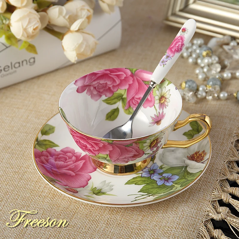 Pastoral Rose Bone China Tea Cup Saucer Spoon Set 200ml British Ceramic Coffee Cup Advanced Porcelain Afternoon Teacup Drop Ship