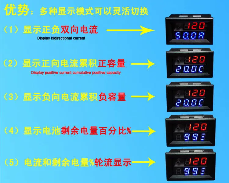 400A 200A 100A 50A Hall coulomb meter Battery Monitor Voltage Current Charging discharge Capacity 12v 24v 36v 48v DC car Solar