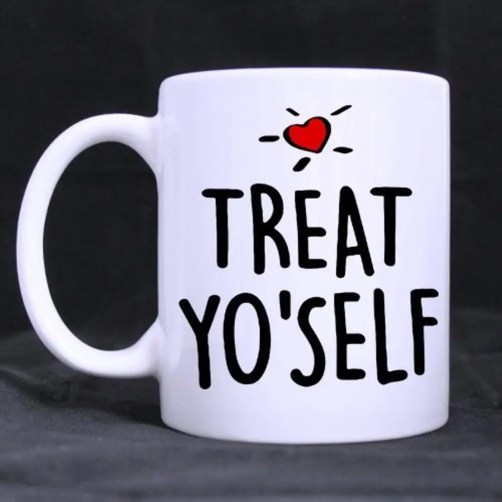 

Funny Mug Coffee Cup Porcelain Tea Mug with handle "Treat Yo Self" red heart" Ceramic 11 Oz,White