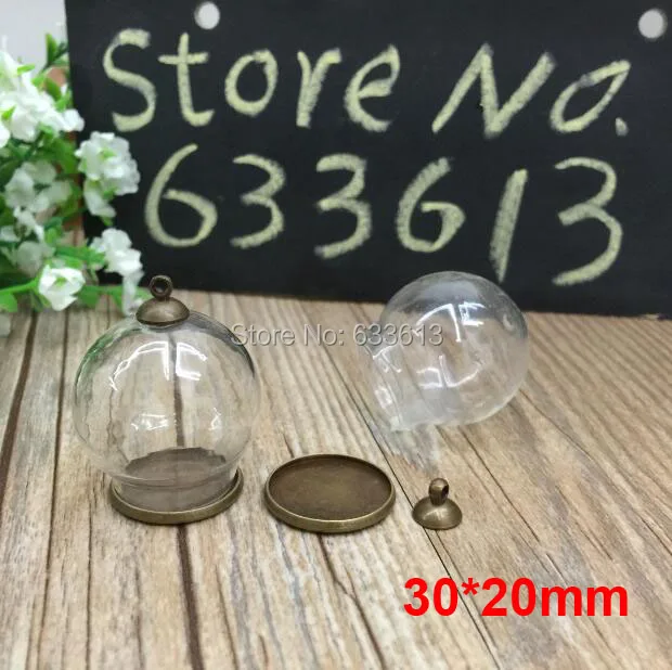 Free Ship! *NEW* 100sets/lot 30mm (20mm opening) Glass globe & setting base & cap finding glass bottle vials pendant jewelry DIY