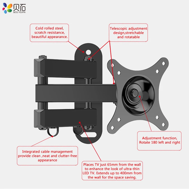 Uniwersalny regulowany uchwyt ścienny do telewizora Uniwersalny obrotowy uchwyt do telewizora do płaskiego monitora LCD LED o przekątnej od 14 do 32