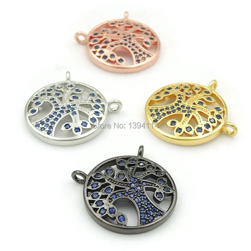 

18*18*2mm Micro Pave Blue CZ Tree Life Round Charm Of Double Circles Fit For Women As Necklaces Accessory