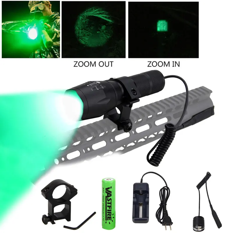 LED Tactical Gun light Zoomable 5000Lm GREEN  flashlight Adjustable Focus lantern Rail 20mm Airsoft Rifle Scope Mount 18650