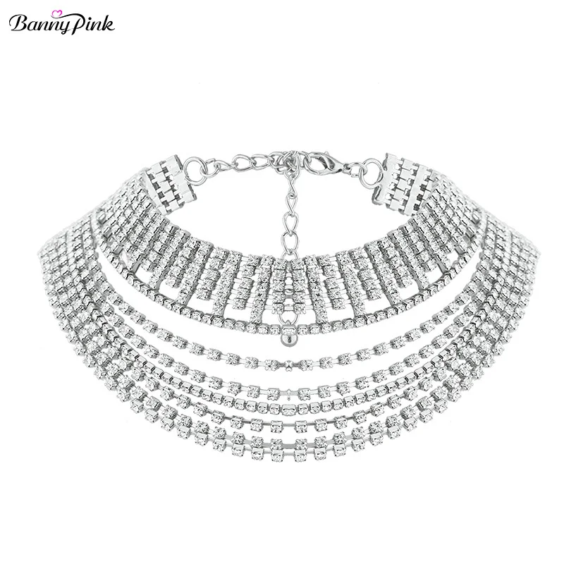 Luxury Rhinestone Chain Choker Necklace For Women Chunky Tassel Crystal Layer Choker Collar Fashion Bridal Jewelry Collier Colar