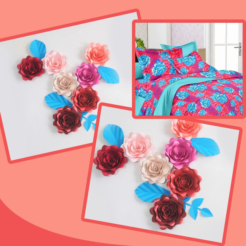 DIY Giant Paper Flowers Artificial Flowers Fleurs Artificielles Backdrop Rose 7CS+ 4 Leave Bedroom Wall Deco Mix Color