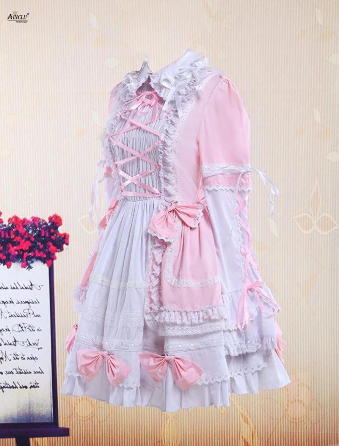 Sweet Lolita Dress Womens Cotton Pink&White Long Sleeves Bell Bottom Cute Girls Lolita Dress/Cosplay Costumes XS-XXL Party Club