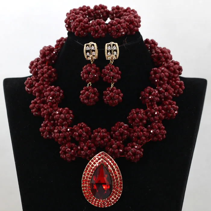 Chunky Statement Necklace Set Splendid Wine Burgundy Crystal Balls African Beads Pendant Jewelry Set Free Shipping ABH274