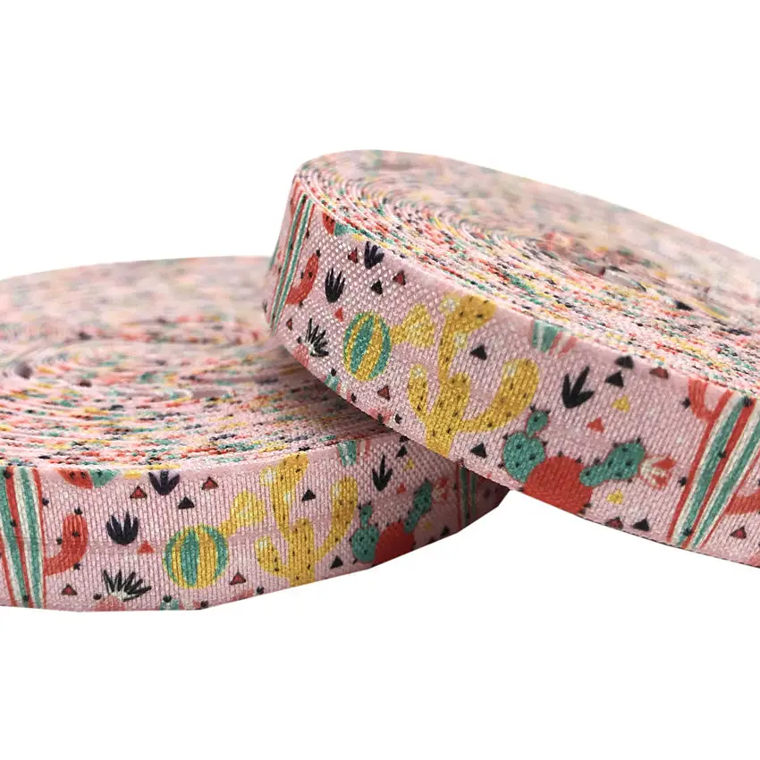 10y 15mm Cactus Lotu Flowers Printed Fold Over Elastic DIY Head Wear FOE Ribbon for Girls Bracelet Sewing Decoration Accessoise