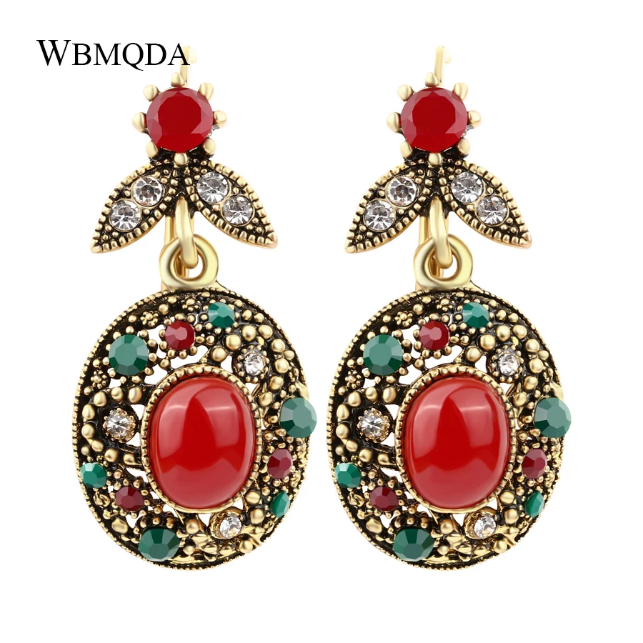 Indian Gold Statement Earrings For Women Vintage Boho Big Red Blue Stone Clip On Earings Fashion Turkish Jewelry 2018