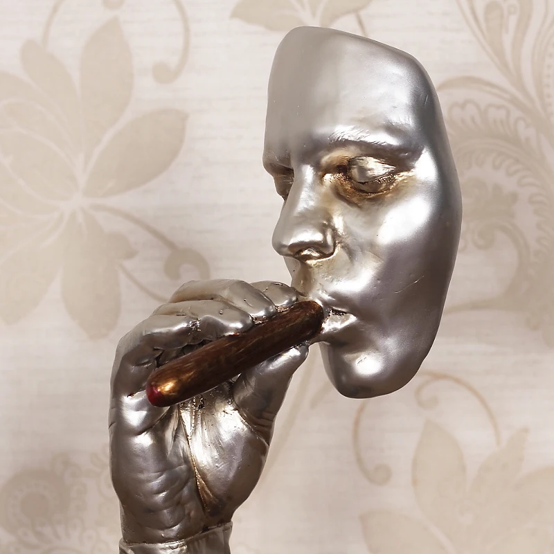 Creative Face Statue of Smoker Resin Figurine, Abstract Sculpture, Man Smoking Cigar Character Artwor