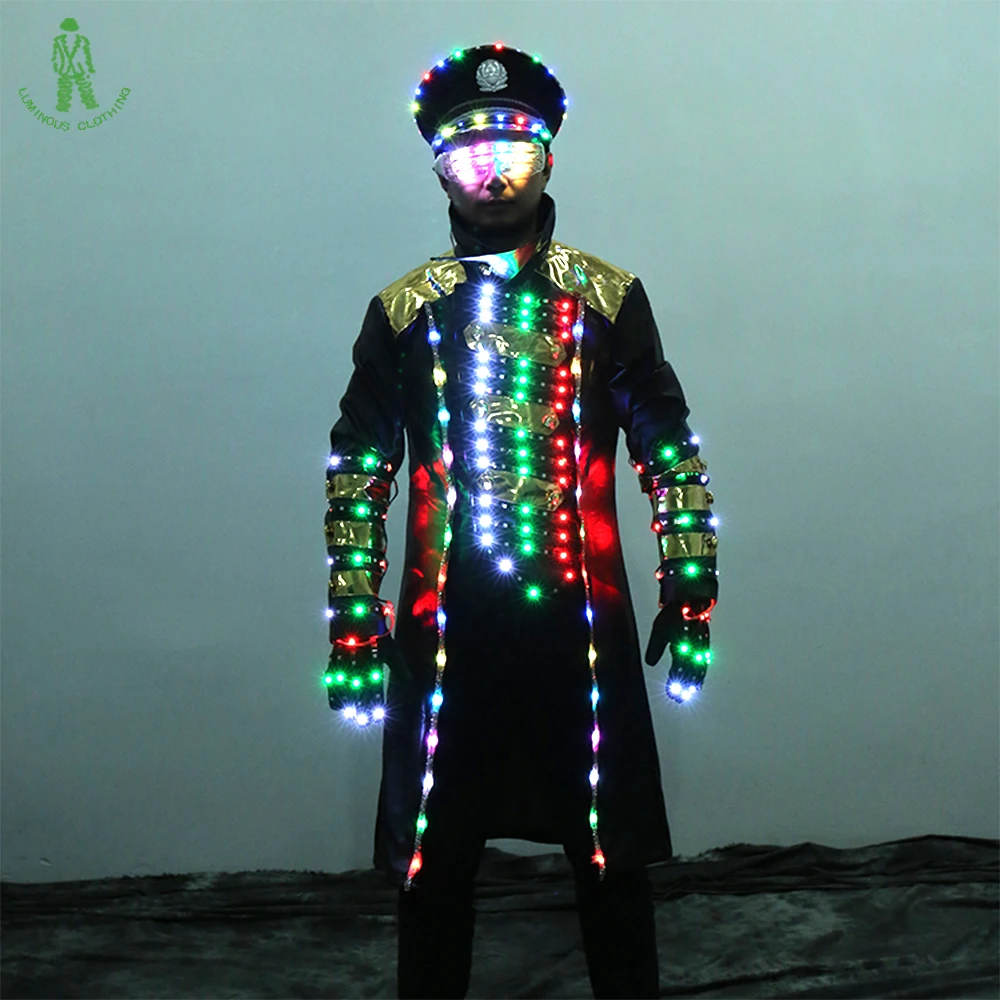 

New LED Flash Lighting Suit Gloves Hat Set Multi Color Captain Clothes For Stage Dance Ballroom Night Club Show Luminous Costume