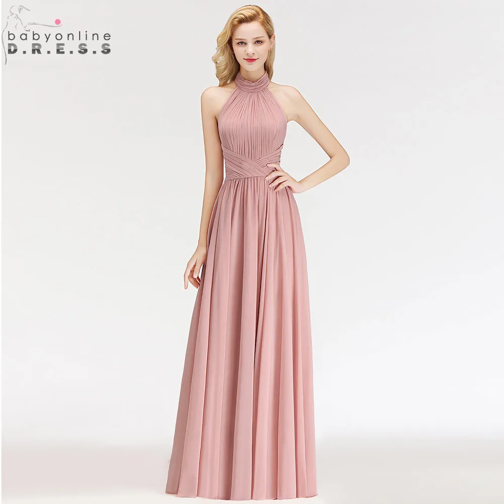 Staubigen Rosa Halfter Abendkleider 2022 Lange Frauen A-linie Chiffon Ärmellose Sexy Backless Formales Abschlussball-partei-kleid roben de soirée