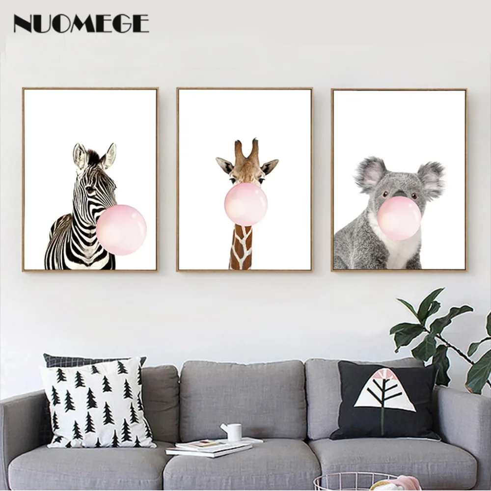 Giraffe Zebra Animal Posters and Prints Canvas Painting Wall Art Nursery Blowing Bubbles Decorative Picture for Kids Decoration