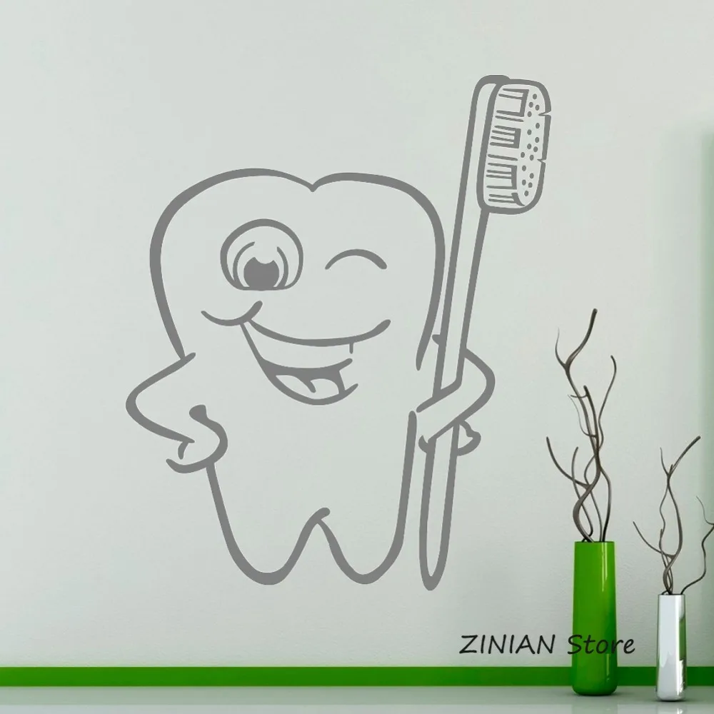 Tooth with Toothbrush Wall Decal Dental Vinyl Sticker Wall Art Decor Home Interior Kids Room Waterproof Bathroom Stickers Z036