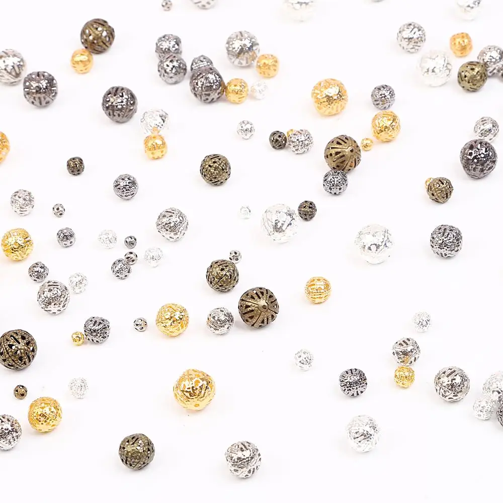 4/6/8/10/12mm 50-200pcs Hollow Ball Flower Bead Metal Charms Bronze/Gold/Silver Plated Loose Spacer Beads For Jewelry Making DIY