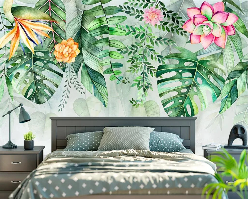 

Beibehang Mural wallpaper garden succulent plant monstera flamingo TV background wall living room bedroom murals 3d wallpaper