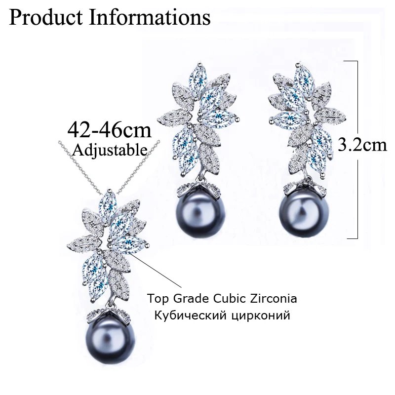 CWWZircons Chic Gorgeous Cubic Zirconia Flower Silver Color Fashion Gray Pearl Necklace Earrings Jewelry Sets for Women T346