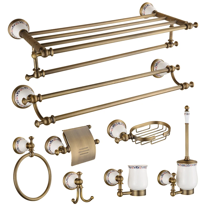 

Bathroom Hardware Set Brass Towel Rack Paper Holder Towel Bar Corner Shelf Toilet Brush holder Antique Bathroom Accessories Set