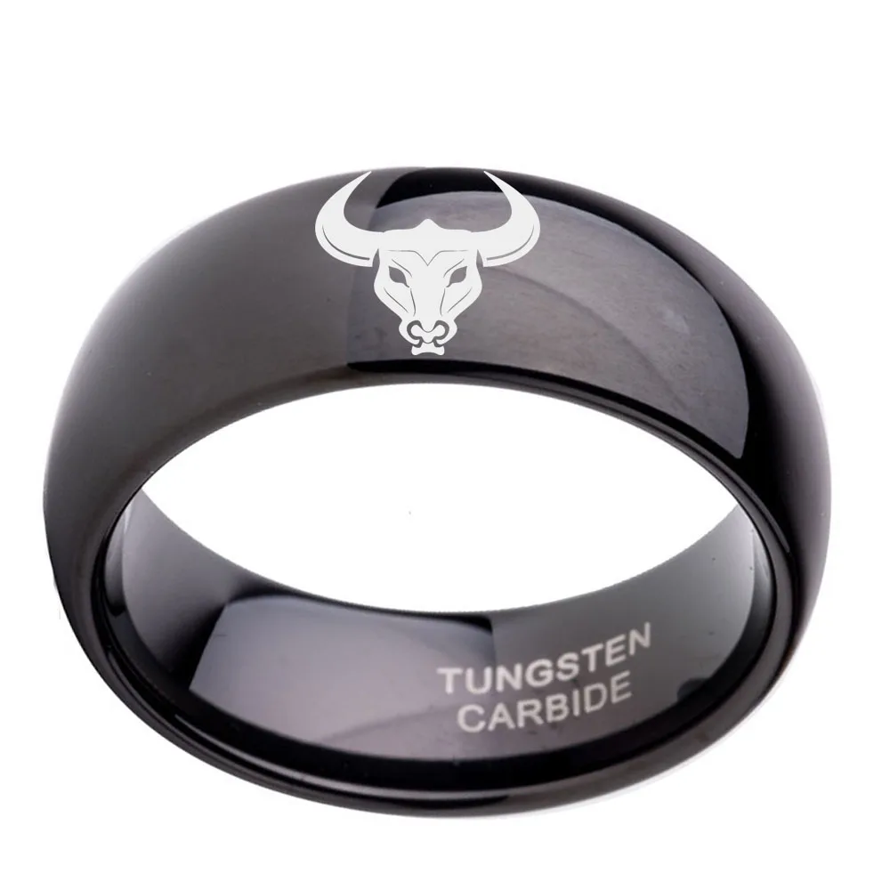 8mm Black Dome Tungsten Carbide Constellation Ring for Boy Men with Taurus / Bull Head Engraved US Size 6 to 14