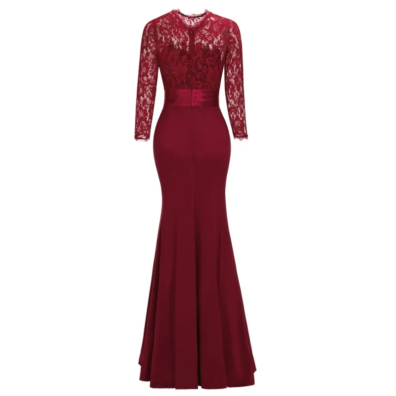 Elegant Long Sleeve Mermaid Evening Dresses 2022 Scoop Neck Burgundy Black Lace Trumpet Evening Party Gown Women Vestidos Noche