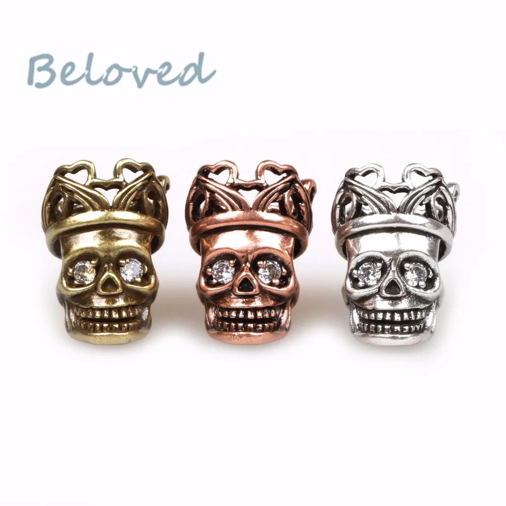 Micro Paved Cubic Zirconia King Skull Metal Charms Beads, EDC Survival Paracord Bracelet Accessories, BG18196