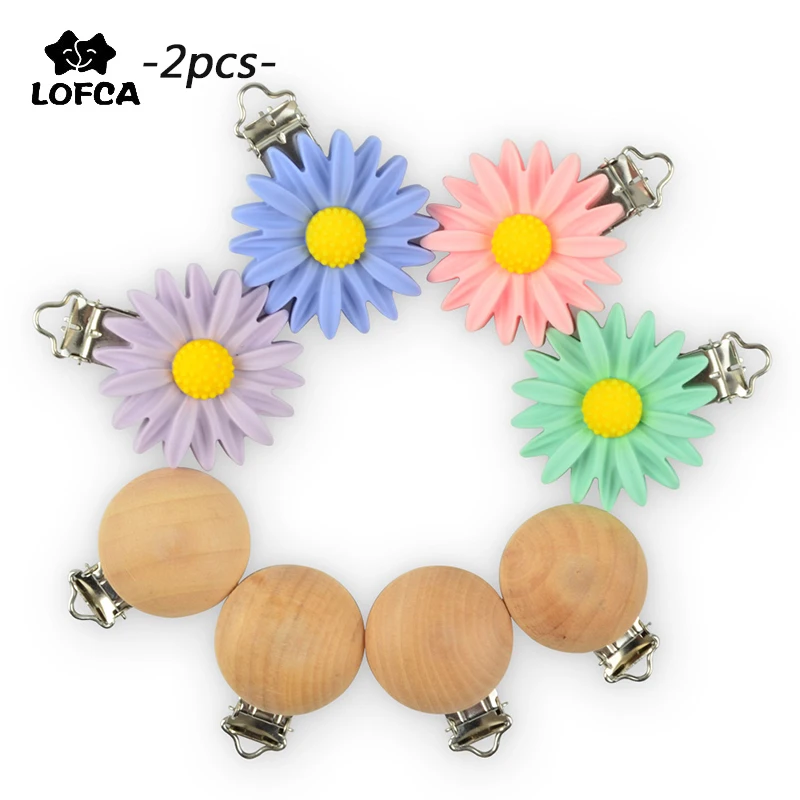 LOFCA 2pcs/lot SIlicone Daisy Pacifier Clip Wooden Clips Baby Pacifier DIY Baby Toy Feeding Accessories Soothing Necklace Making