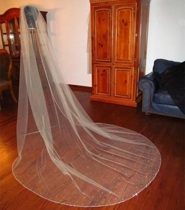 Voile de mariée à une couche, 3M, Image réelle, longueur de la chapelle, cristaux, bord perlé de mariage, ivoire blanc, sur mesure, peigne gratuit