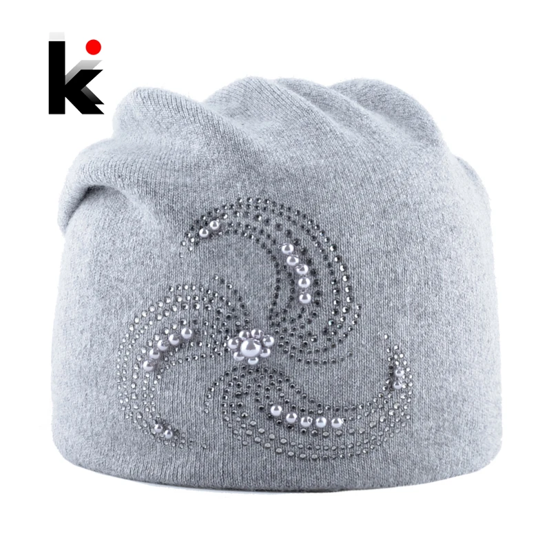 Winter Knitted Beanie Hats For Women Pearls Rhinestone Flower Knitting Wool Bonnet Caps Ladies Soft Warm Angora Skullies Beanies