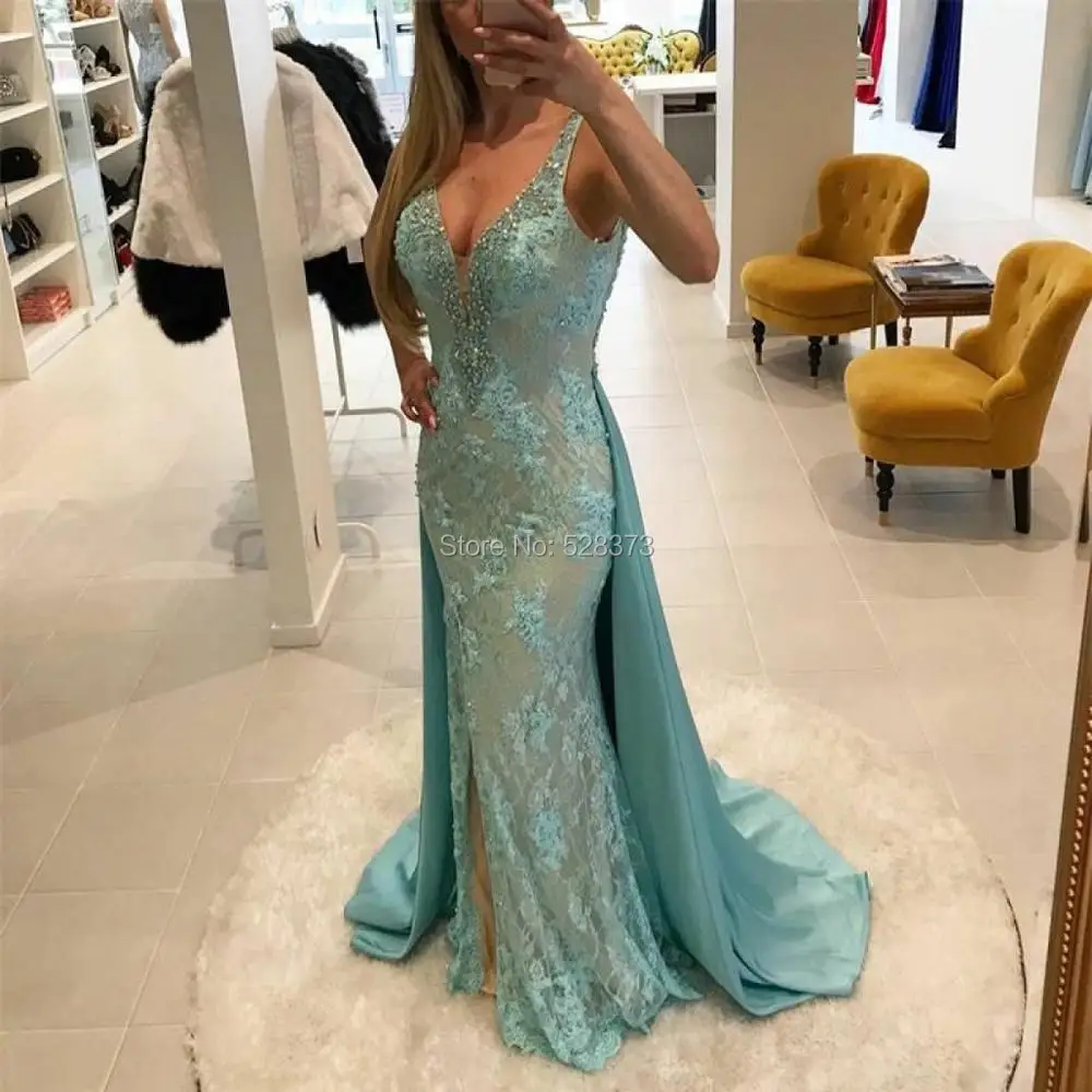 

YNQNFS Women's Sleeveless Lace Evening Dress Aqua/Nude Two Colors Sheath Skirt with Slit Fishtail Style for Formal Occasions