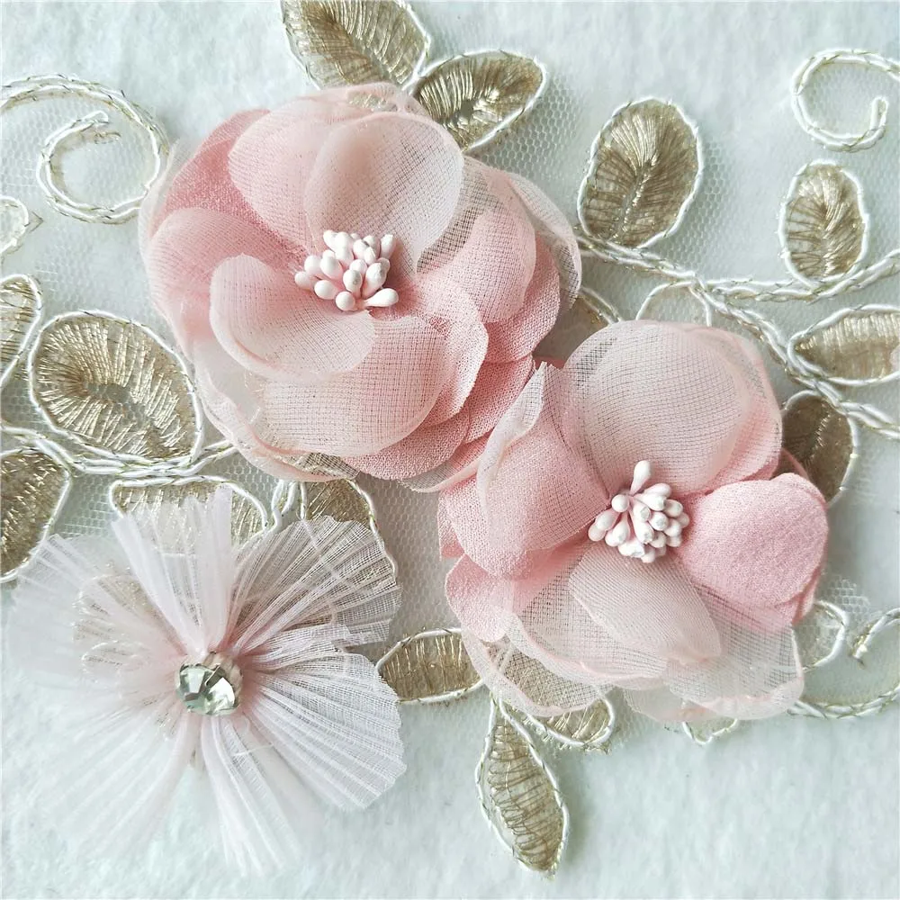 Pink flower Craft embellishment Garment motif Design Embroidery Neckline Lace Collar DIY Sewing Trim applique fabric Accessories