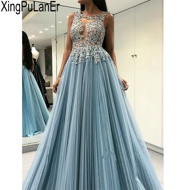 XingPuLanEr Áo Dây De Soriee Mới Cổ Tròn Không Tay Hở Lưng Bạc Đính Hạt Top Xanh Dương Tulle Tầng Dài Appliques Quần Sịp Đùi Thông Hơi