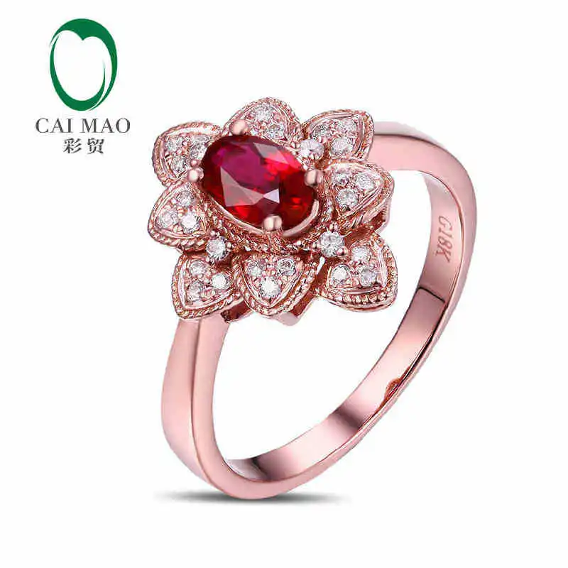 

CaiMao 18KT/750 Rose Gold 0.73 ct Natural Red Blood Ruby & 0.18 ct Full Cut Diamond Engagement Gemstone Ring Jewelry