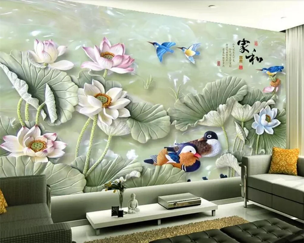 

Beibehang Custom wallpaper lotus jade carving TV background wall home decoration living room bedroom background 3d wallpaper