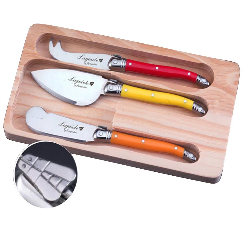 New  Laguiole Style 3-Piece Cheese Knives Spreader w/ MultiColor Handles Jam Butter knife Set in Wooden Box LG06  Free shipping