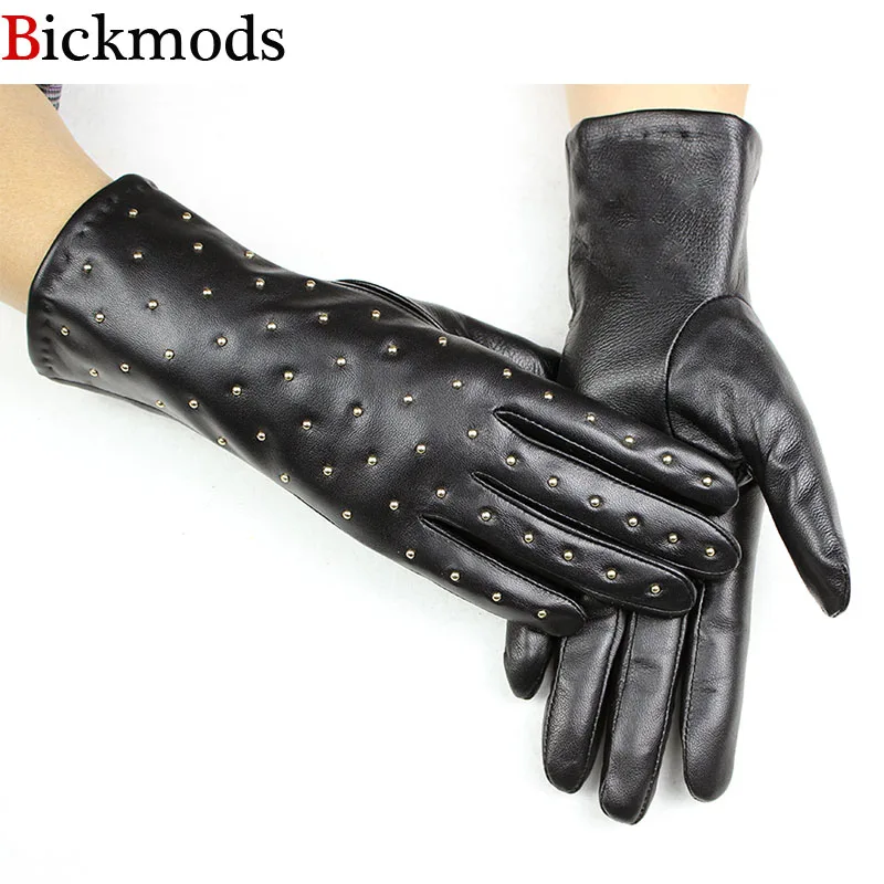 Fashionable Sheepskin Leather Gloves Women\'s  Velvet Lining Autumn and Winter Warm Touch Screen Fingers