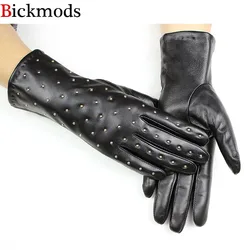 Guantes de piel de oveja a la moda para mujer, forro de terciopelo, dedos cálidos para pantalla táctil, Otoño e Invierno