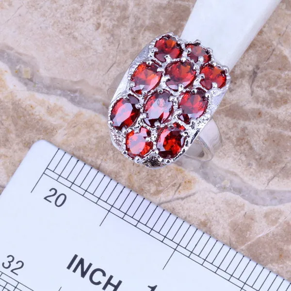 Red Garnet Silver Plated Jewelry Sets Earrings Pendant Ring Size 5 / 6 / 7 / 8 / 9 / 10 S0011